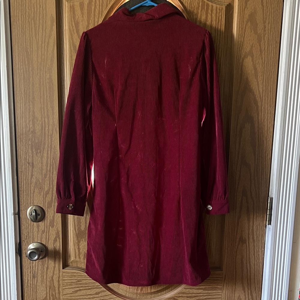 Long Sleeve Button-Front Corduroy Dress in Deep Red - Picture 3 of 4